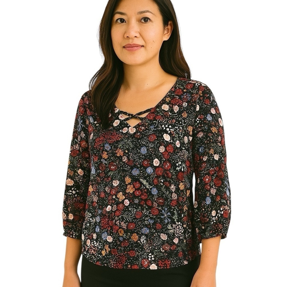 Skies Are Blue Small Black Floral Blouse Contemporary Chic Office Casual